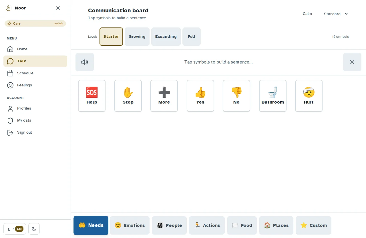 Noor Care communication board with large symbol buttons